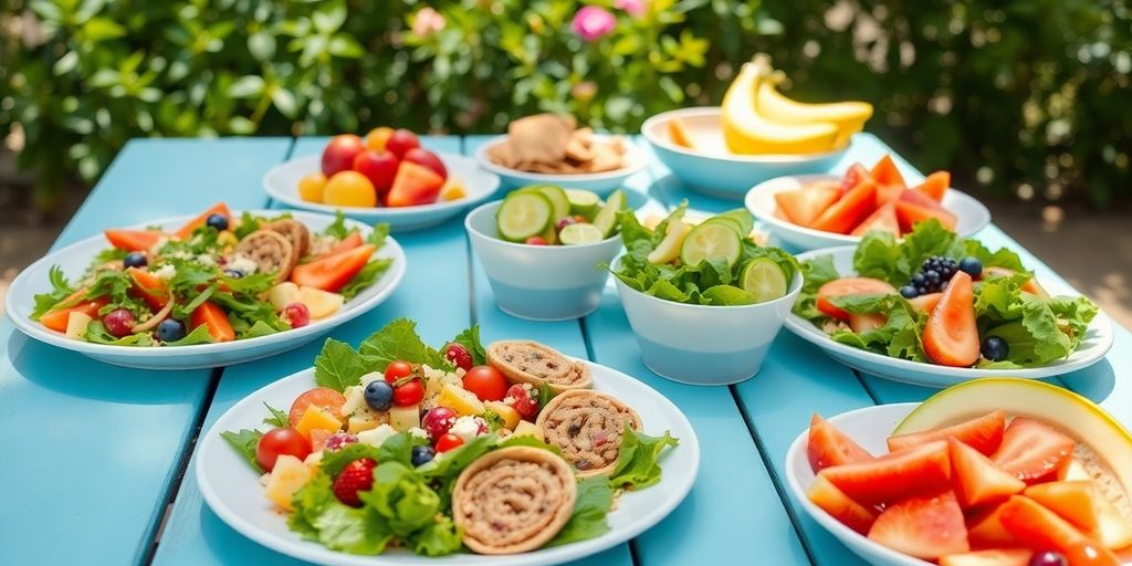 Gezond, helder en kleurrijk eten, uitgespreid in de buitenlucht.