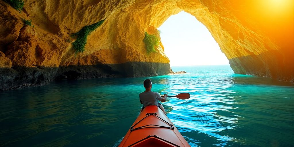 Grottes côtières, kayaks et eaux turquoises de l'Atlantique.